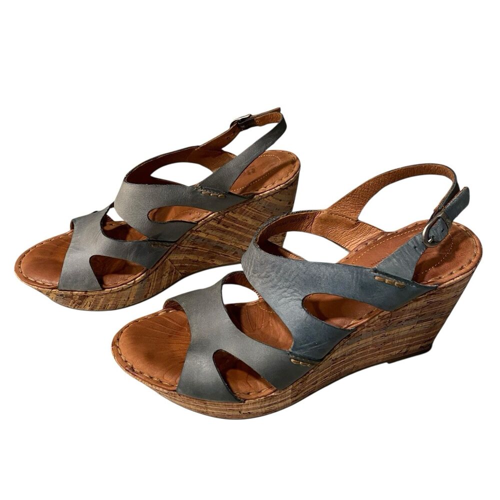 Born Leather Cork Wedge Sandals Womens 9 Blue Gray Slingback Comfort Platform - Picture 1 of 9